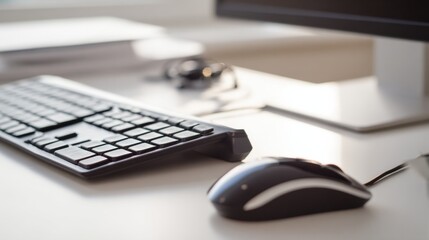 Poster - Black Keyboard and Mouse on White Desk, Representing Modern Workplace Productivity and Technology Solutions for Business and Remote Work : Generative AI