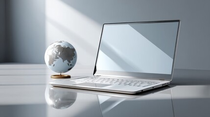 Poster - Laptop and Globe on Desk in Minimalist Setting, Symbolizing Global Business and International Communication for Modern Technology : Generative AI
