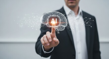 Man finger pointing brain with light bulb icon and AI lettering. Artificial intelligence and machine learning concept.