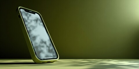 Poster - Modern Smartphone Leaning on Surface Under Soft Light, Showcasing Mobile Technology and Digital Lifestyle, Ideal for App Promotion and Communication : Generative AI