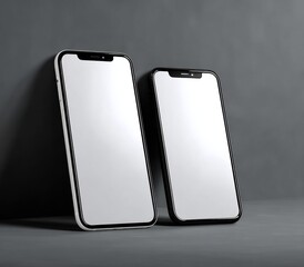 Poster - Two Modern Smartphones with Blank Screens Against a Gray Wall, Ideal for Mobile App Advertising and Digital Communication Mockups : Generative AI