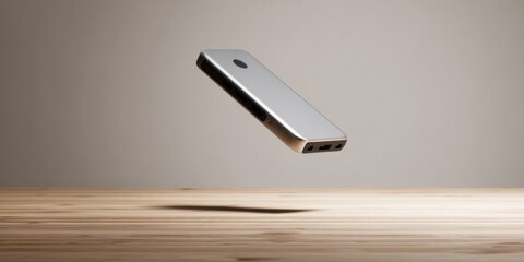 Aufkleber - Floating Silver Portable Hard Drive Above Wooden Surface, Showcasing Data Storage and Technological Innovation in Modern Computing : Generative AI