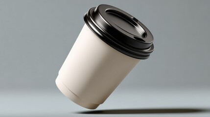 Aufkleber - Floating Coffee Cup Mockup With Black Lid Against Gray Background, Ideal for Branding and Product Presentation, Representing Morning Routine and Energy Boost : Generative AI