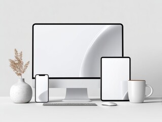 Aufkleber - Modern Workplace Mockup Featuring Computer, Tablet, and Smartphone on White Desk, Displaying Productivity and Digital Workspace Solutions for Business : Generative AI