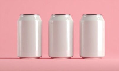 Aufkleber - Three White Soda Cans on Pink Background, Ideal for Beverage Packaging Design and Mockups, Showcasing Product Presentation and Brand Identity : Generative AI