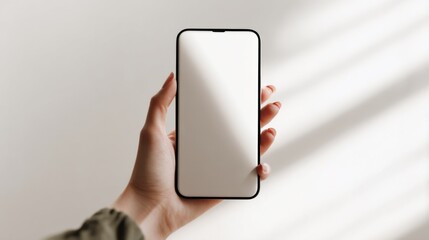 Poster - Woman Holding Smartphone With Blank Screen in Bright Studio, Representing Mobile App Advertising and Digital Communication : Generative AI