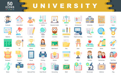 University flat icon set containing Architecture ,Exam Result, Accounting, Math, Reference, Bookshelf, Exam, Diploma, Essay, Stationary, Digital Learning, Medal, Literation icon. Simple line vector