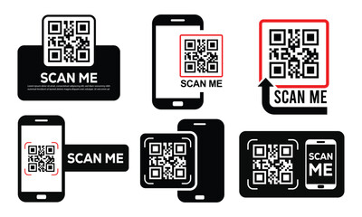 Minimalist black & white icons featuring QR codes and smartphones. Varied layouts show phones displaying QR codes with 
