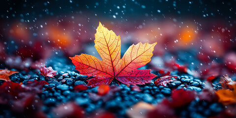 Wall Mural - leaf is on the ground with snow falling on it