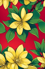 Wall Mural - Winter Jasmine on red background cartoonish seamless pattern