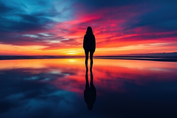 Poster - Silhouette of woman standing in water at sunset with colorful reflection, creating a serene and solitary atmosphere at the beautiful beach location