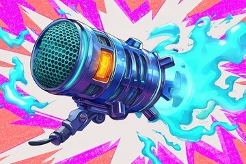 Wall Mural - unique futuristic microphone with energy burst design against vibrant background