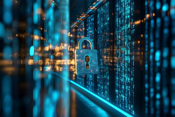 Wall Mural - a computer screen shows a key on a lock. the lock is surrounded by a blue background with a city vie
