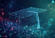 © Jodie - Abstract digital art of an open graduation cap made from glowing lines and dots, floating above a network grid on a dark blue background, power to shape your future through education Generative AI
