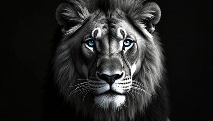 Black and white portrait of a lion with striking blue eyes. The majestic animal looks forward. Powerful, wild cat with vivid eye color against dark background, showing strength.