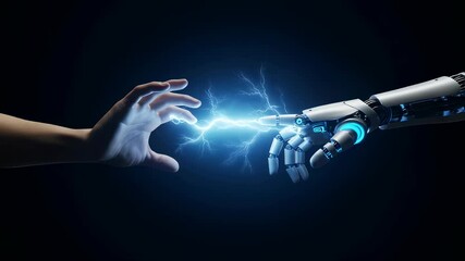 Wall Mural - human hand and robot hand connect with lightning showing artificial intelligence integration creatin