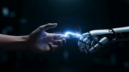 Wall Mural - a human hand and a robot hand create electric spark. human-robot interaction and communication, arti