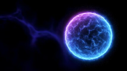 Wall Mural - a glowing blue and purple energy sphere with electric discharges and particle effects. abstract powe