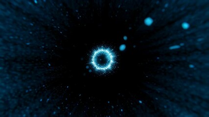 Wall Mural - blue light explosion with shimmering particle fragments forming futuristic portal on black backgroun