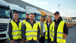 © Pete - Diverse team truck drivers smiling standing confidently in front of fleet semi-trucks wearing reflective vests. Modern logistics warehouse background represents transportation, commercial industry