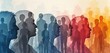 © Pete - Illustration visualizes demographic shifts, population changes, people evolution. Diversity of silhouettes with heads, representing society, cultural changes, representing sociological, economic,