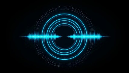 Wall Mural - animated blue audio equalizer waveforms and sound circles on black background. digital sound frequen