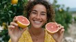 © Pinklife - A smiling woman presents grapefruit halves with a delightful expression amidst a lush orchard, radiating positivity and a strong connection to nature's beauty.