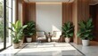 © Pete - Interior design of luxury clinic entrance. Home plants, chairs, table create relaxing atmosphere. Modern medical office, waiting room with natural sunlight. Wellness center, spa, healthcare concept.