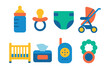 © Vector - Flat vector icons of childcare essentials: baby bottle, pacifier, diaper, stroller, crib, baby wipes, baby monitor, teething ring.