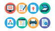 © Vector - Flat vector icons of online document handling in circular style: PDF viewer, e-signature, upload doc, file scan, share file, text editor, cloud print, doc preview.