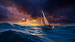 © Riverruno - Bottom view of a modern sailing boat braving the waves of a wild stormy sea, in the background dramatic sky with storm clouds at sunrise or sunset