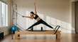 © vivi - Woman Performing Pilates Reformer Exercise Strength Training Fitness Workout Studio Light