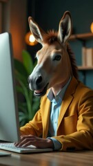 Wall Mural - a person dressed as a horse wearing a mask works on a computer with a focused expression
