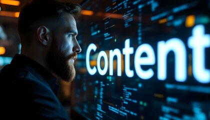 man analyzing content strategy on screen with data and information