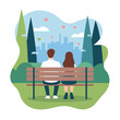 © Ayan - Romantic couple sitting on park bench enjoying city view peaceful day sky love back blue date calm trees green