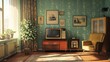 © rahma - Nostalgic retro living room with vintage television, furniture and patterned wallpaper