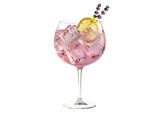 sparkling pink gin and tonic cocktail with lemon and lavender garnish, transparent glass overlay