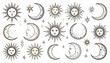 © WINDA KRISDAYANTI - A collection of celestial sun and moon illustrations in a vintage style, featuring detailed linework, faces, and stars on a white background