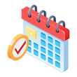 © WebCoder - An isometric illustration of a desk calendar with blue date squares and a red top, accompanied by a checkmark icon in a golden circle, signifying a successful or completed event.