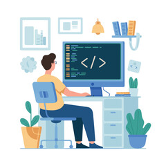 Programmer working at desk coding software development project modern office web code flat mouse chair style design
