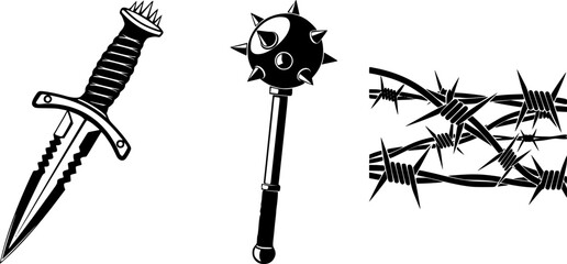 Three sharp objects with spikes in black and white