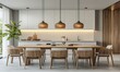 © Ars Nova - Modern scandinavian kitchen, bright spacious interior design wallpaper. Minimalist cozy home, copy space, chic sleek style