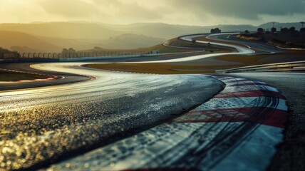 Wall Mural - a captivating sweeping view of an empty formula 1 track, showcasing the graceful curves and vibrant 