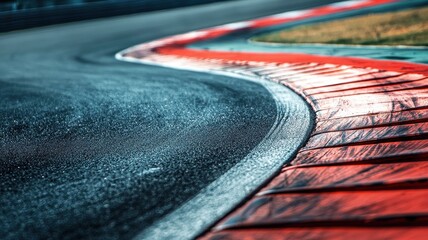 Wall Mural - this image captures a close-up view of an empty f1 track exit, highlighting the vibrant red curbing 