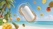 © Julija - Refreshing beverage can mockup with splash and tropical fruit. Summer drink product presentation on a beach background.