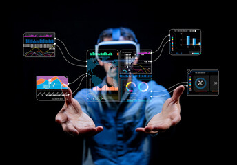 futuristic virtual reality data analysis with interactive graphs and user interface elements represe