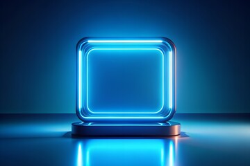 Wall Mural - Futuristic neon square display stand with vibrant blue light for modern digital showcase