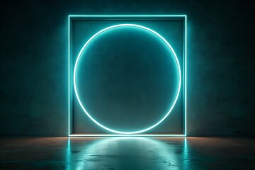 Wall Mural - Neon circle within square as abstract minimalist light installation in dark digital background