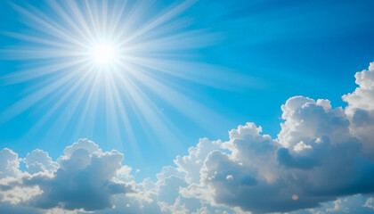 Wall Mural - A vibrant summer sky showcases a bright sun radiating light rays, piercing through fluffy cumulus clouds.  The scene evokes feelings of warmth and serenity.