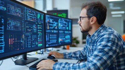 Wall Mural - Tech Professional at Work: Focused tech professional intently analyzes intricate data visualizations displayed on multiple computer screens, immersed in a high-tech workspace.